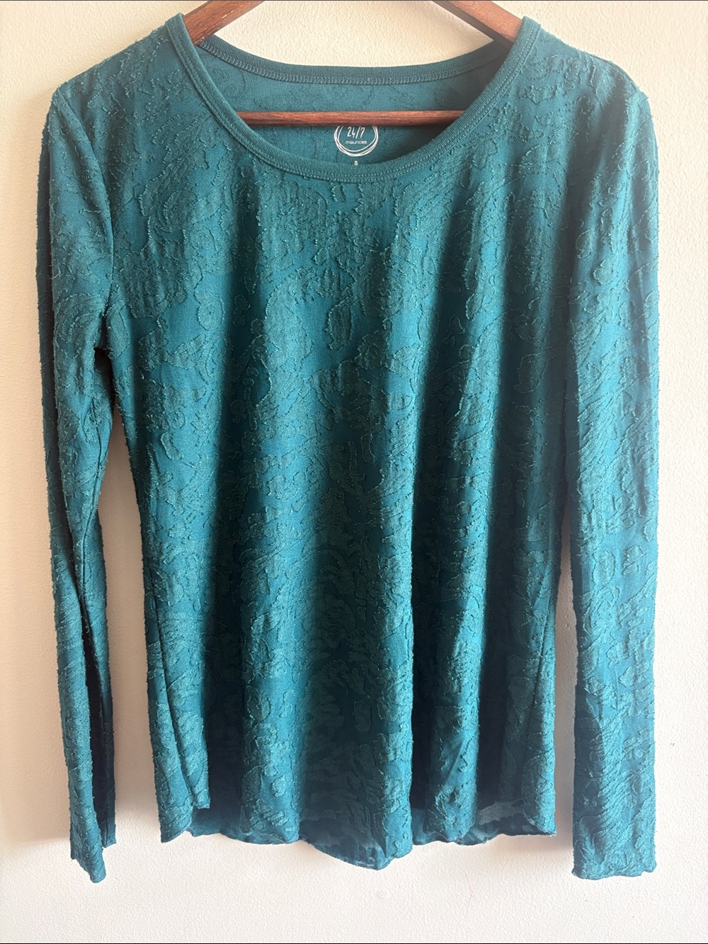 Maurices 24/7 Teal Floral Burnout Long Sleeve Top Small